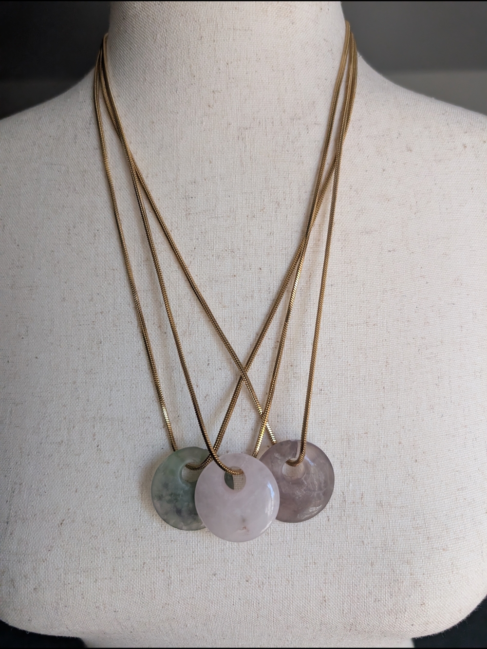 Gold Chain Three-Stone Quartz Pendant Necklaces - Pink, Green, Gray - Picture 5 of 14